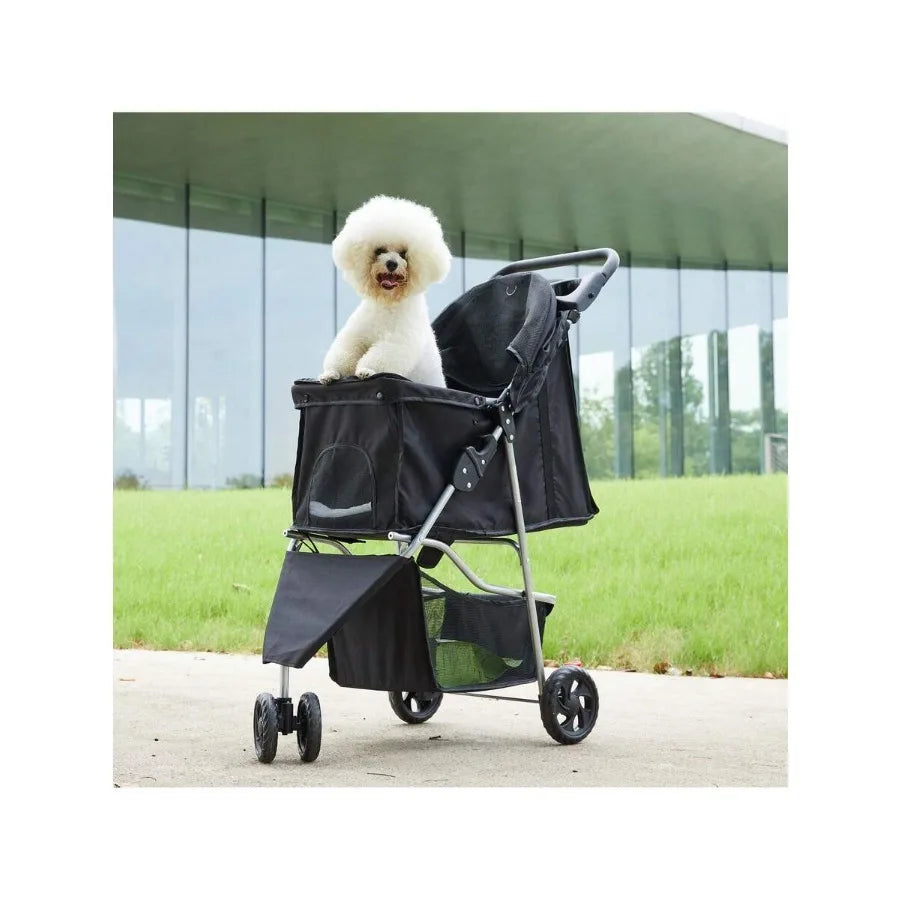 Lightweight 3-Wheel Pet Stroller with Storage Basket, Cup Holder & Breathable Mesh for Cats & Dogs