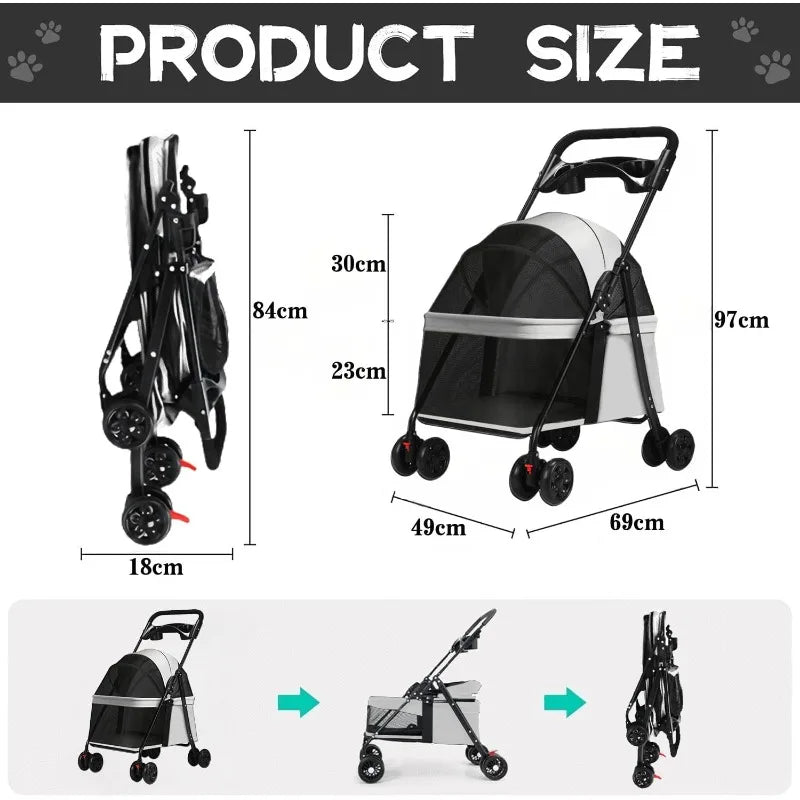 4-Wheel Foldable Pet Stroller Trolley with Cage & Cup Holder for Dogs & Cats — Outdoor Carrier