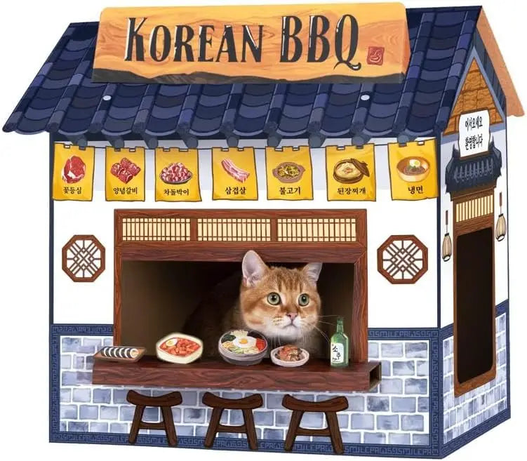 Large Cardboard Cat Cave House with Scratcher, Korean BBQ Design