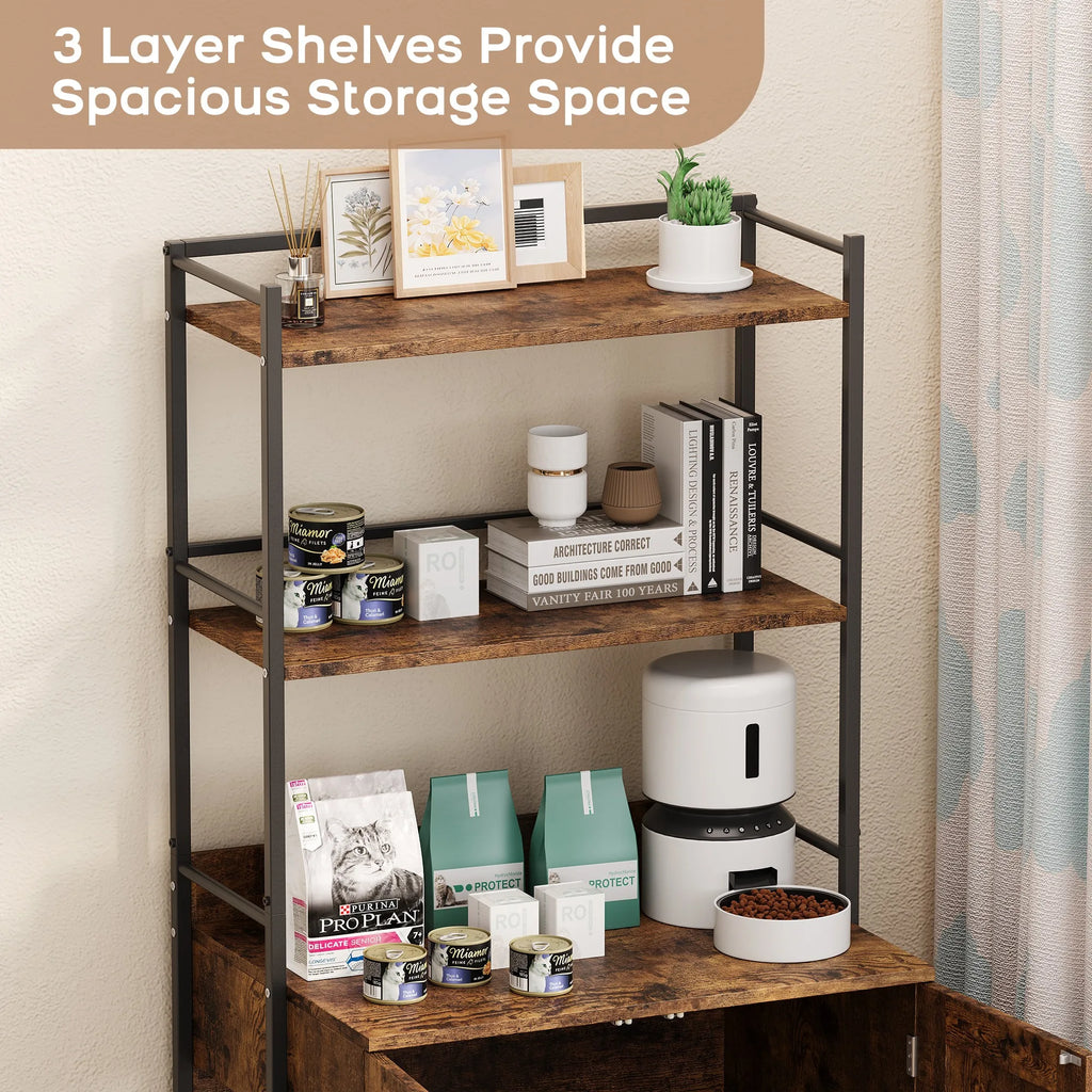 Cat Litter Box Enclosure with 2-Tier Storage Shelves