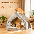 Wooden Cat Cave Bed with Sisal Scratcher & Curtains