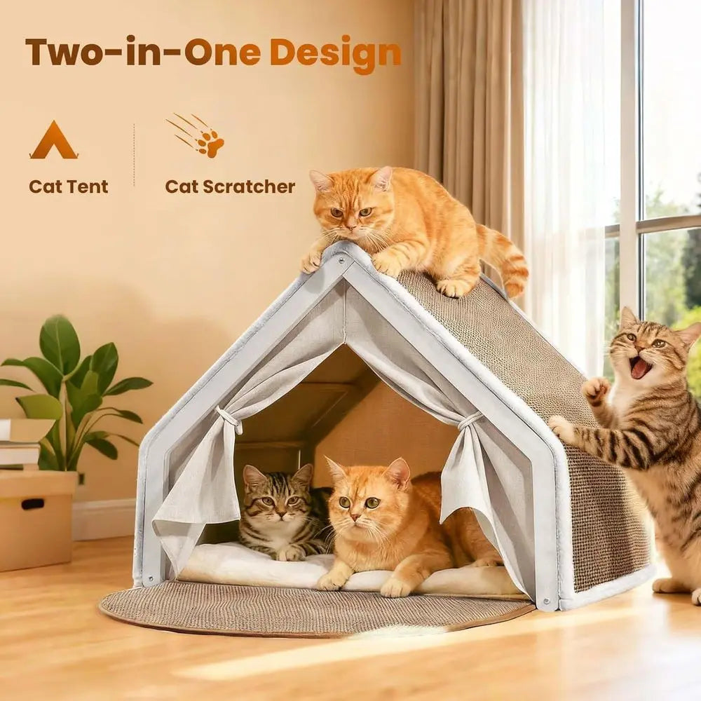 Wooden Cat Cave Bed with Sisal Scratcher & Curtains