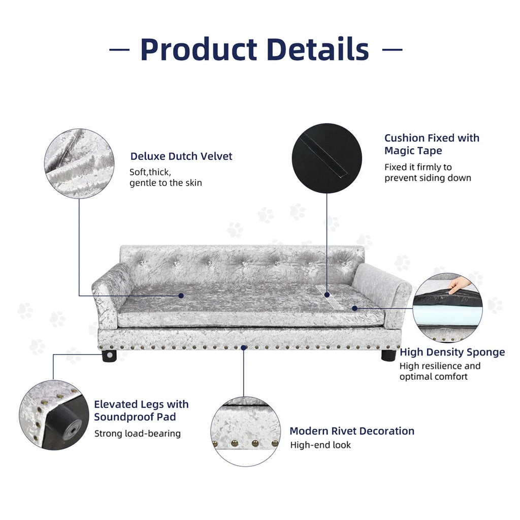 Deluxe Silver Velvet Dog Couch Sofa with Removable Cushion