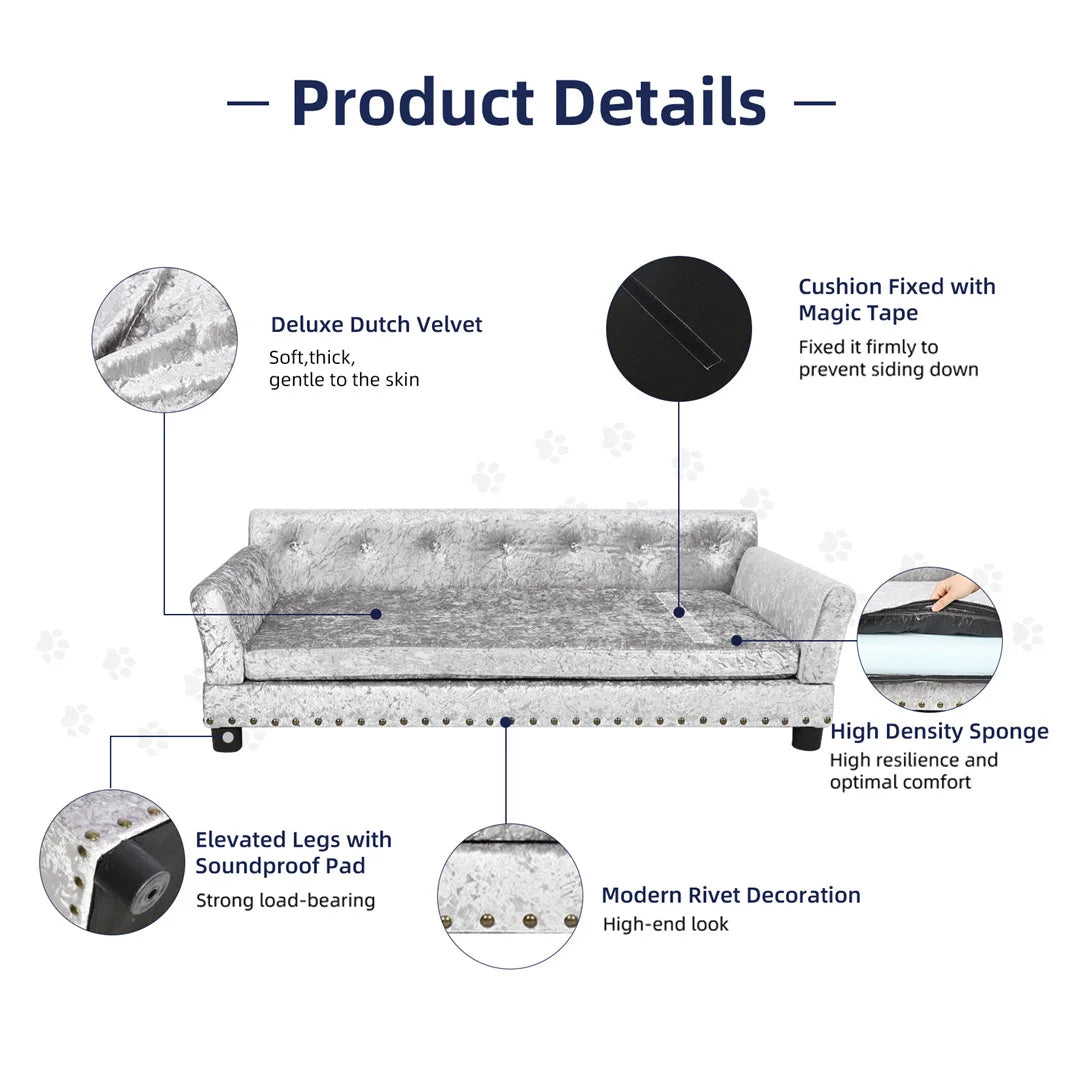 Deluxe Silver Velvet Dog Couch Sofa with Removable Cushion