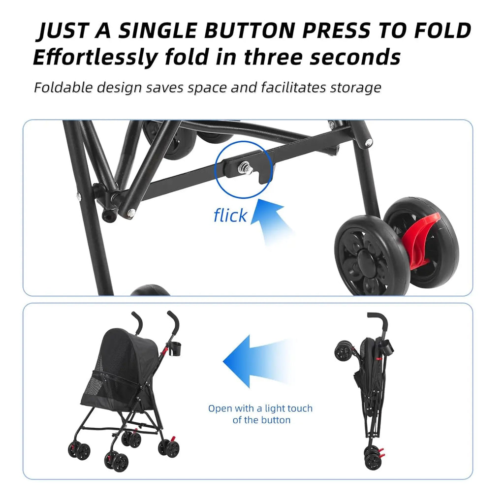 All-Surface Foldable Pet Stroller with Wide-View Window & Brakes