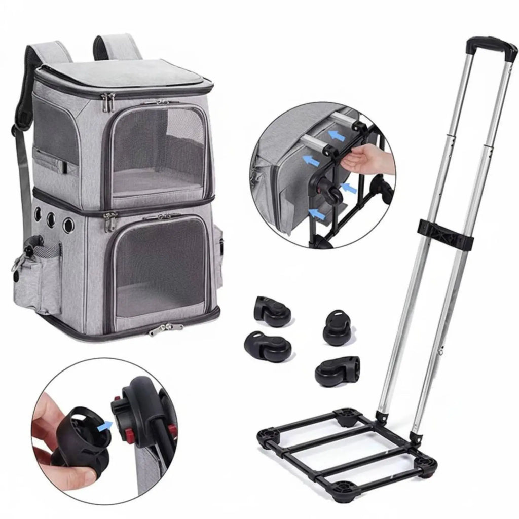 Double-Deck Breathable Pet Trolley Carrier Bag with Telescopic Handle — Portable Travel Bag for Vet Visits