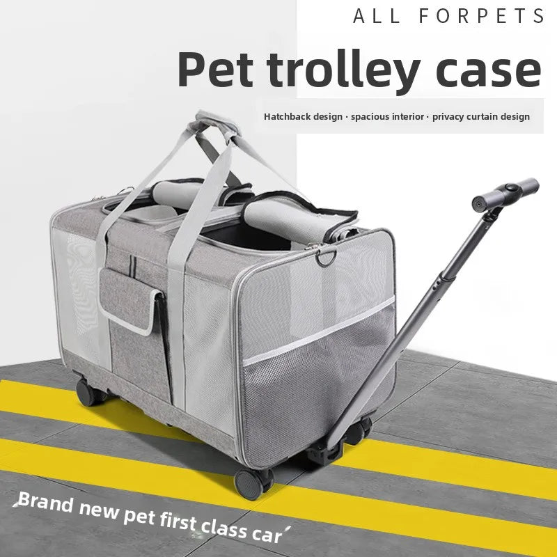 Dual Compartment Multifunctional Pet Stroller with Folding Rolling Cart for Outdoor Travel