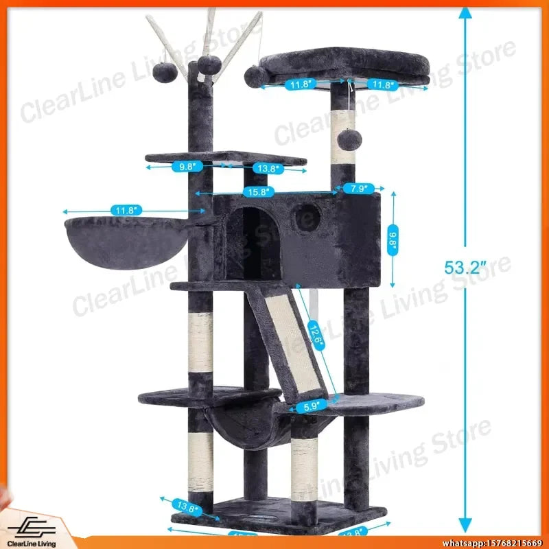 53in Cat Tree with Condo, Hammock & Scratching Post