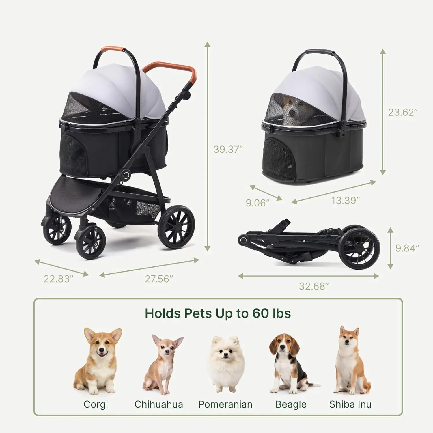 3-in-1 All-Terrain Pet Stroller with Detachable Aluminum Frame Carrier for Dogs & Cats