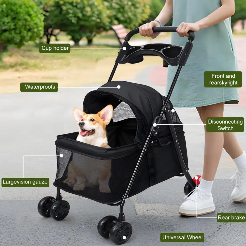 Foldable 4-Wheel Cage Pet Stroller with Cup Holder & Mesh Window for Dogs & Cats