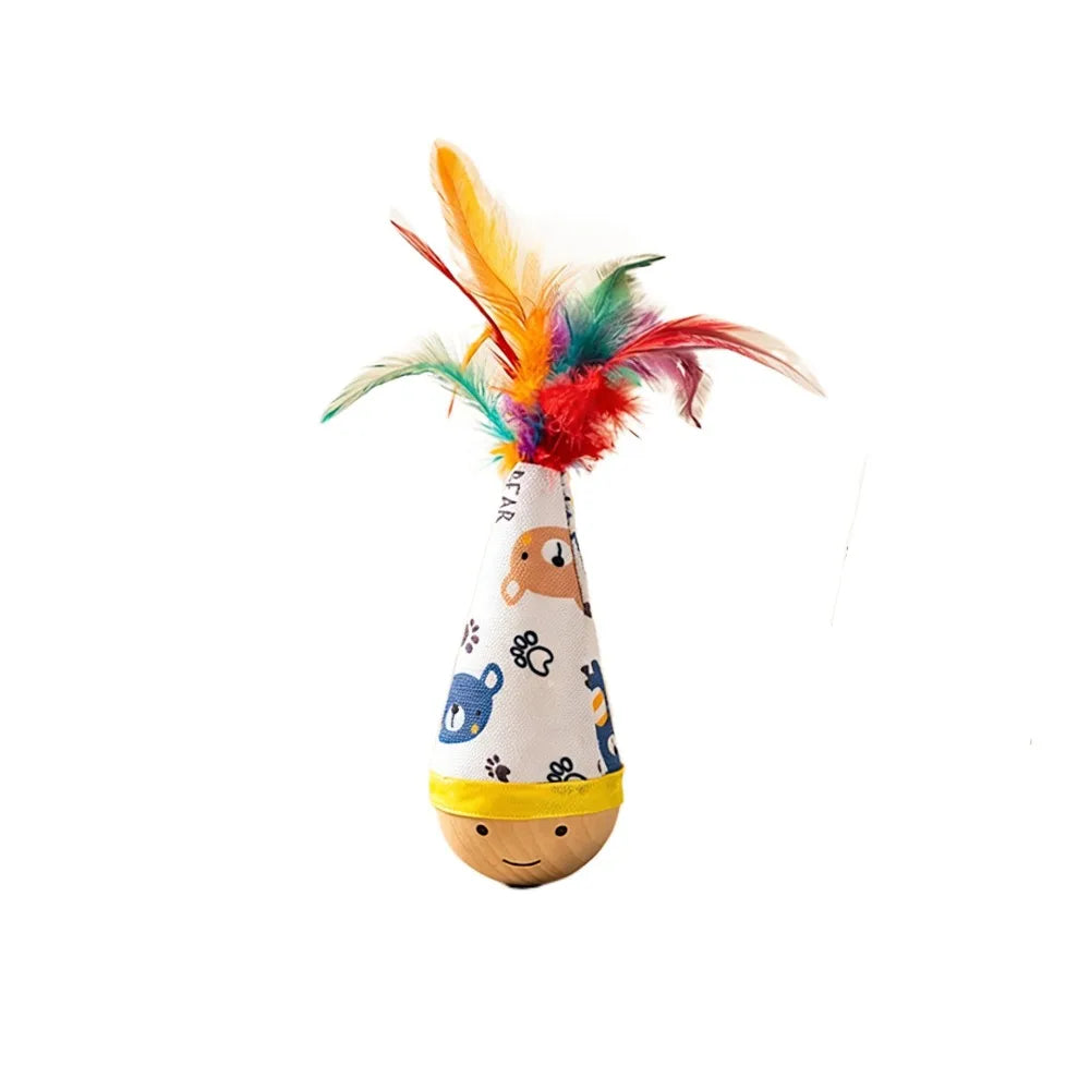 Cartoon Pattern Cat Tumbler Wobbler Toy with Feather — Bite-Resistant Kitten Wobble Ball