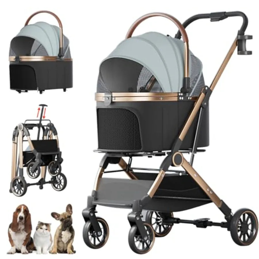 4-Wheel Foldable Pet Stroller with Detachable Carrier for Dogs & Cats — Max 45 lbs
