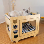 Wooden Double-Deck Pet Bed with Hammock & House