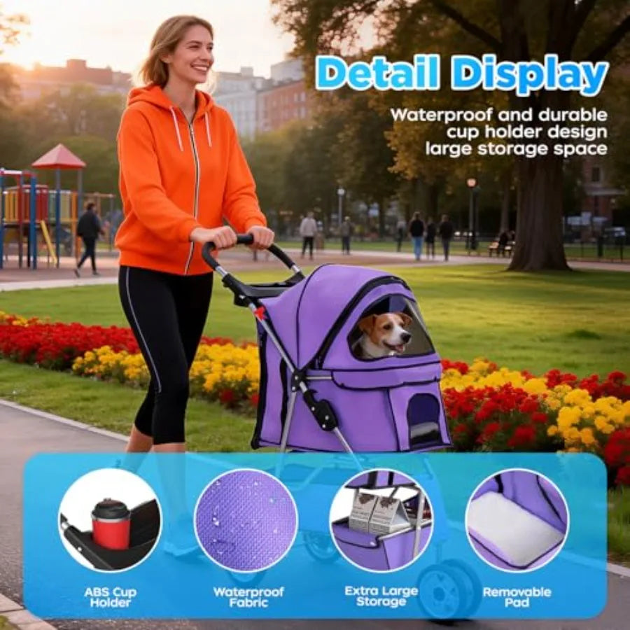 BestOffice 3-Wheel Foldable Pet Stroller with Cup Holder — Lightweight Travel Carrier for Small & Medium Dogs & Cats