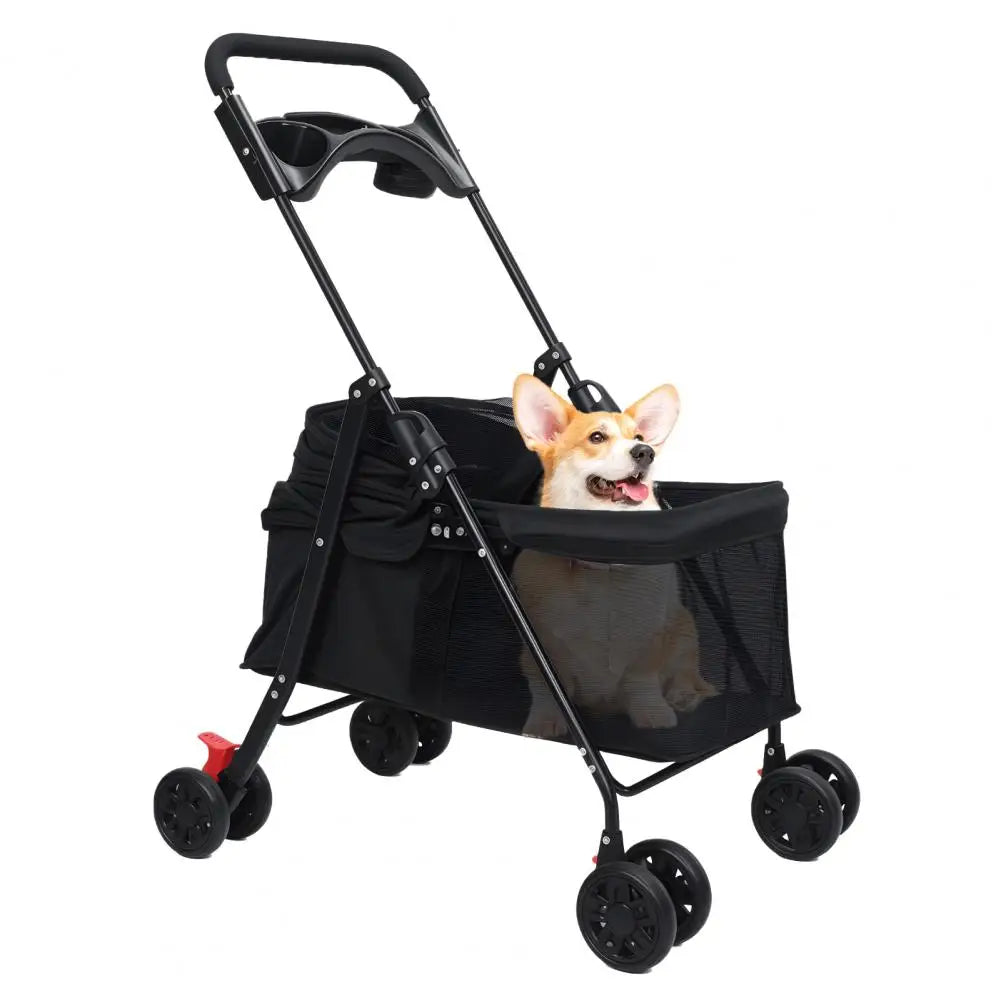 Foldable 4-Wheel Cage Pet Stroller with Cup Holder & Mesh Window for Dogs & Cats