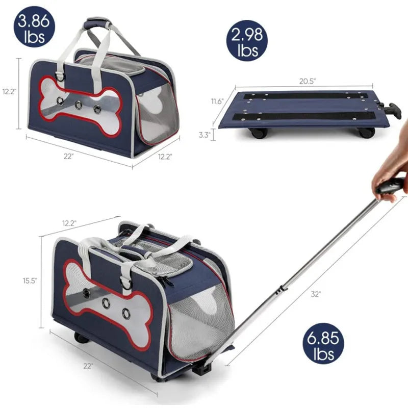 Airline-Approved Large Rolling Pet Trolley Carrier with Wheels for Large Dogs — Hiking & Travel Wheeled Cart