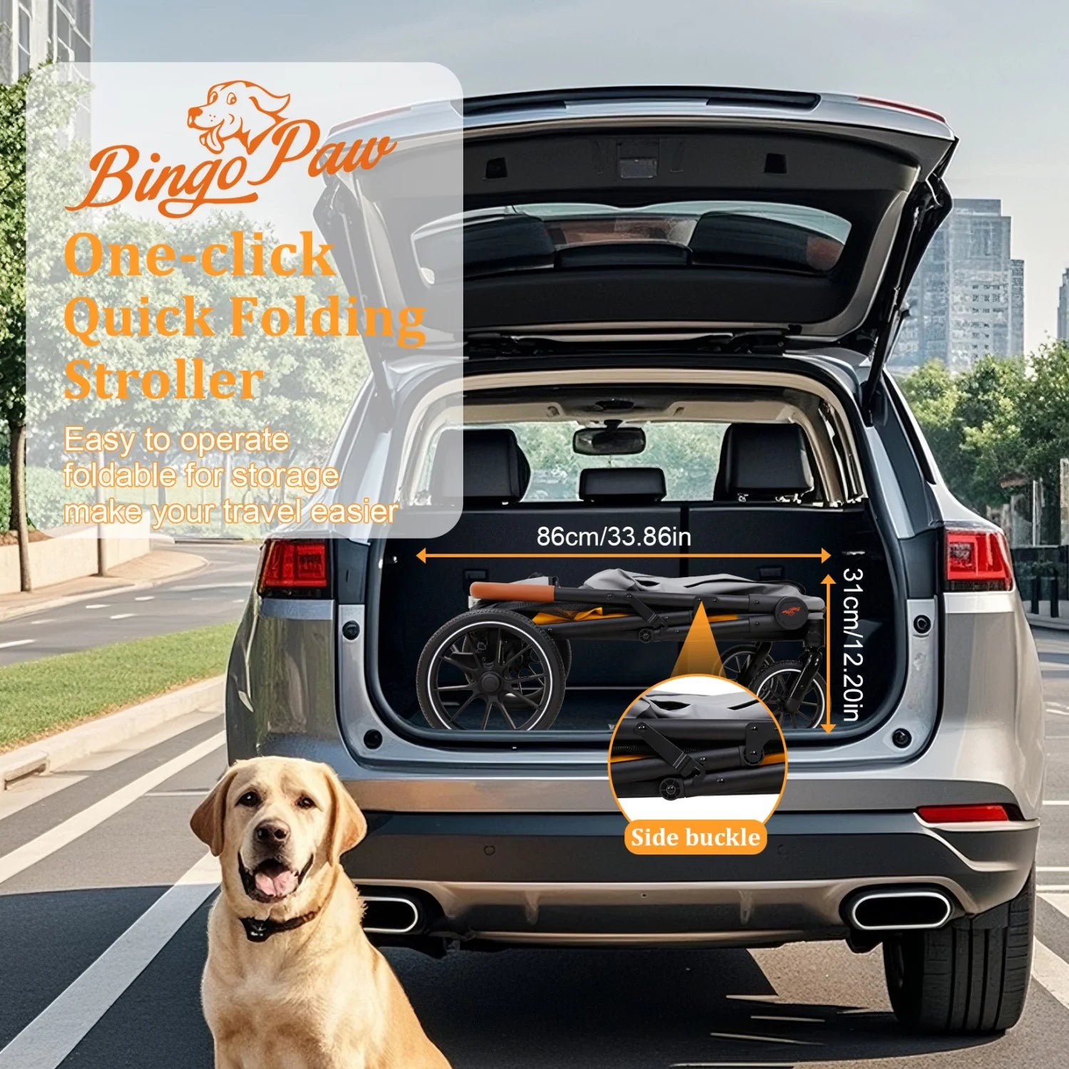 One-Click Folding 4-Wheel Jogger Wagon Stroller for Large Dogs with Storage Pockets