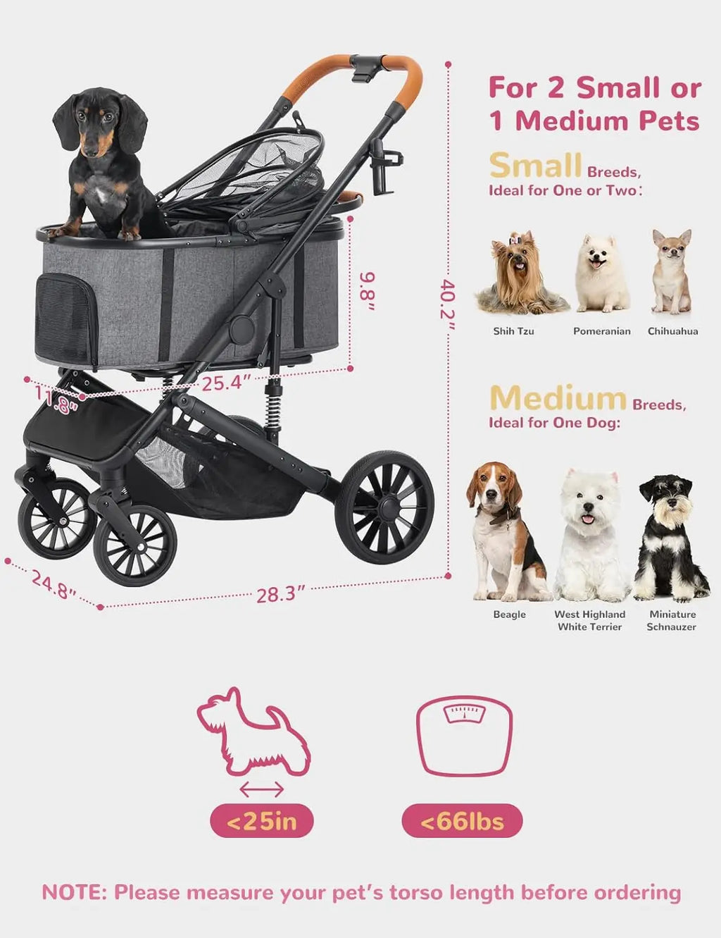 4-Wheel Folding Breathable Pet Stroller with Detachable Carrier for Small & Medium Dogs & Cats — Grey
