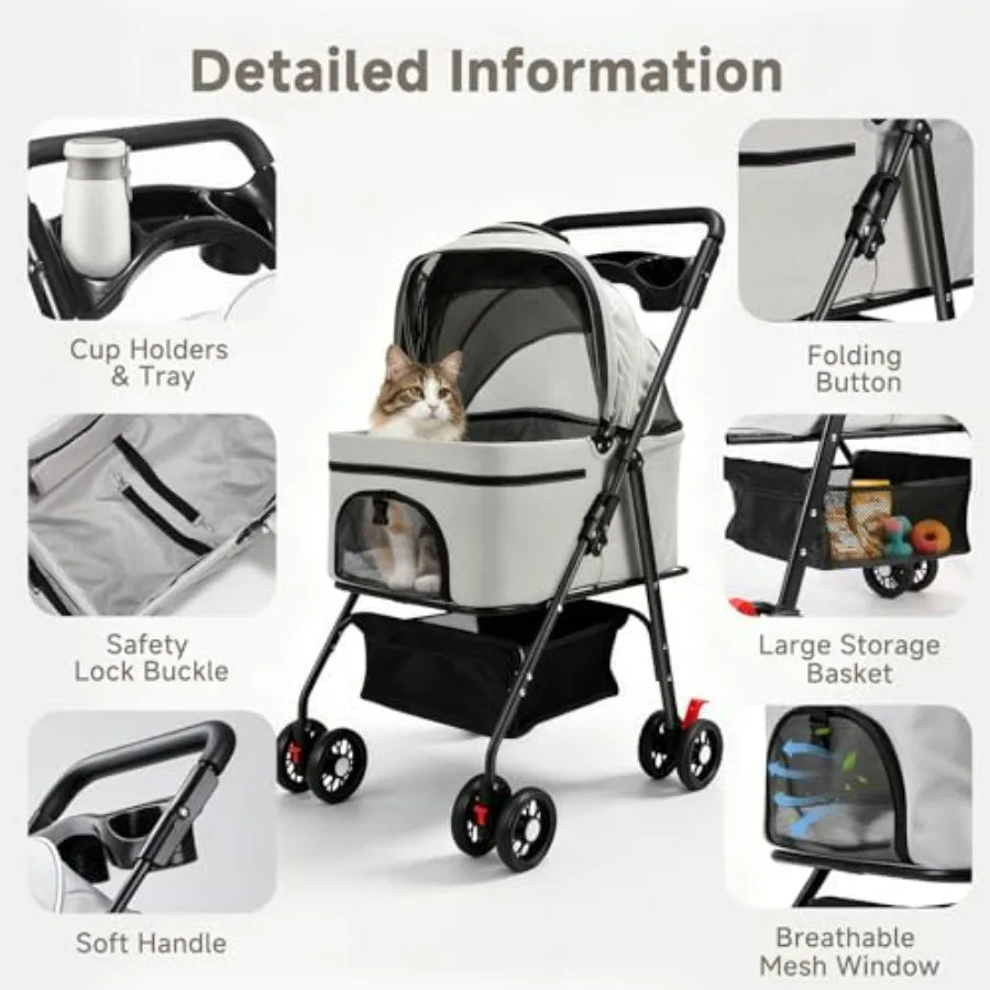 3-in-1 Foldable 4-Wheel Pet Stroller with Detachable Carrier & Mesh for Small Pets