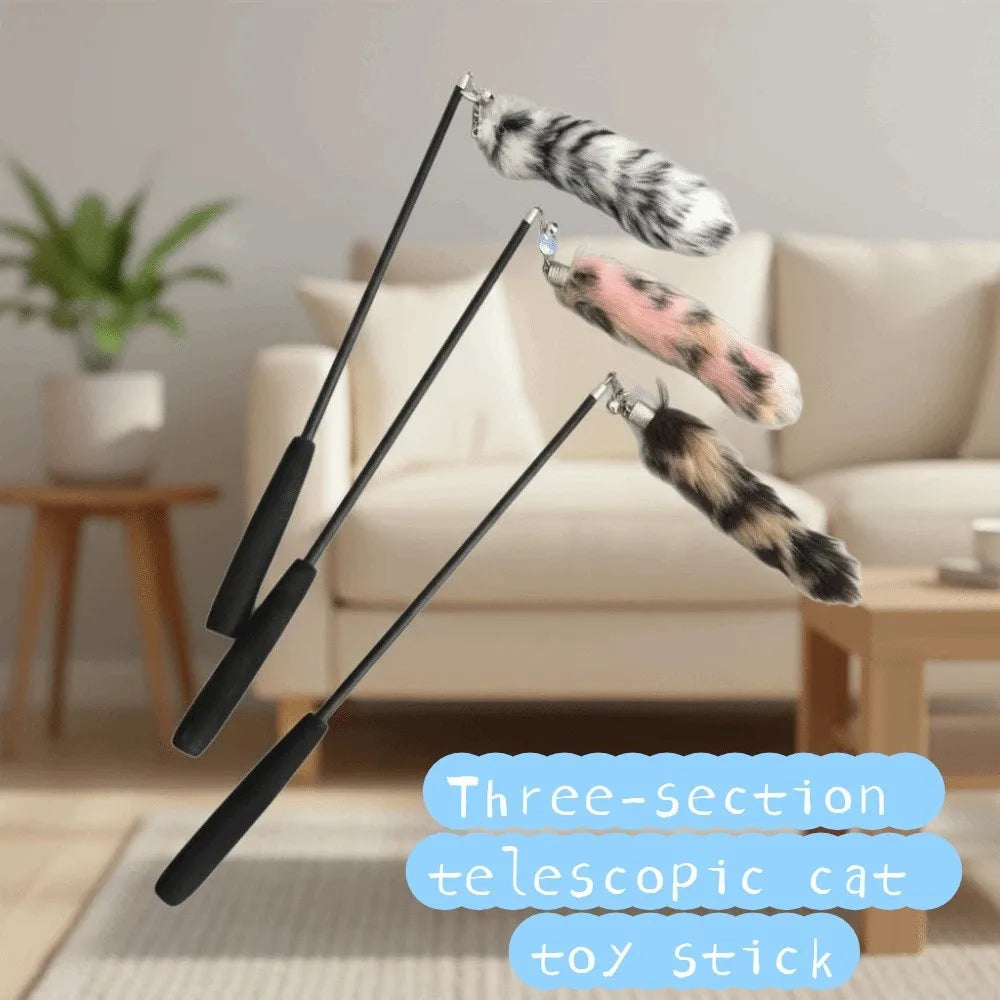 Extra-Long Telescopic Cat Wand with Faux Tail Lure — Flexible Interactive Toy
