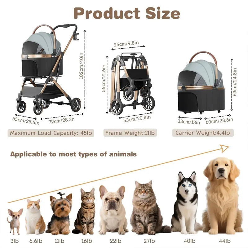 3-in-1 Foldable Pet Stroller with Separable Basket Carrier for Dogs & Cats up to 45 lbs
