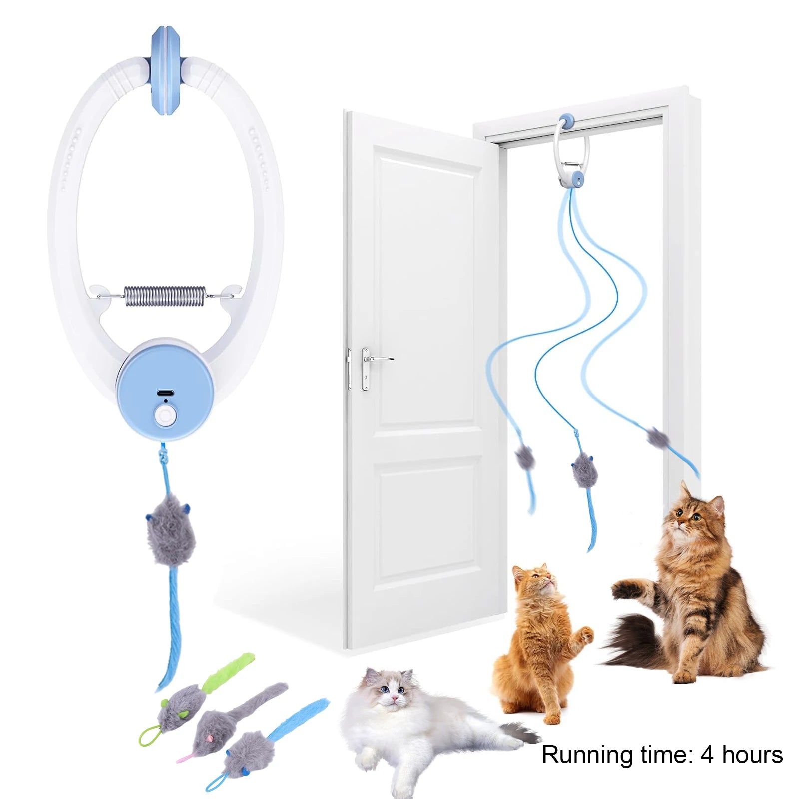 Door-Hanging Retractable Cat Teaser — 3 Catnip Mice, No Batteries