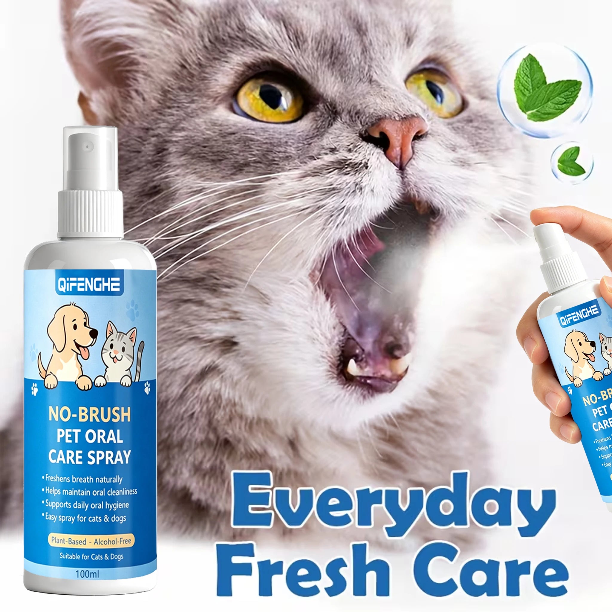No-Brush Dental Spray for Dogs & Cats — Alcohol-Free Plant-Based Breath Freshener