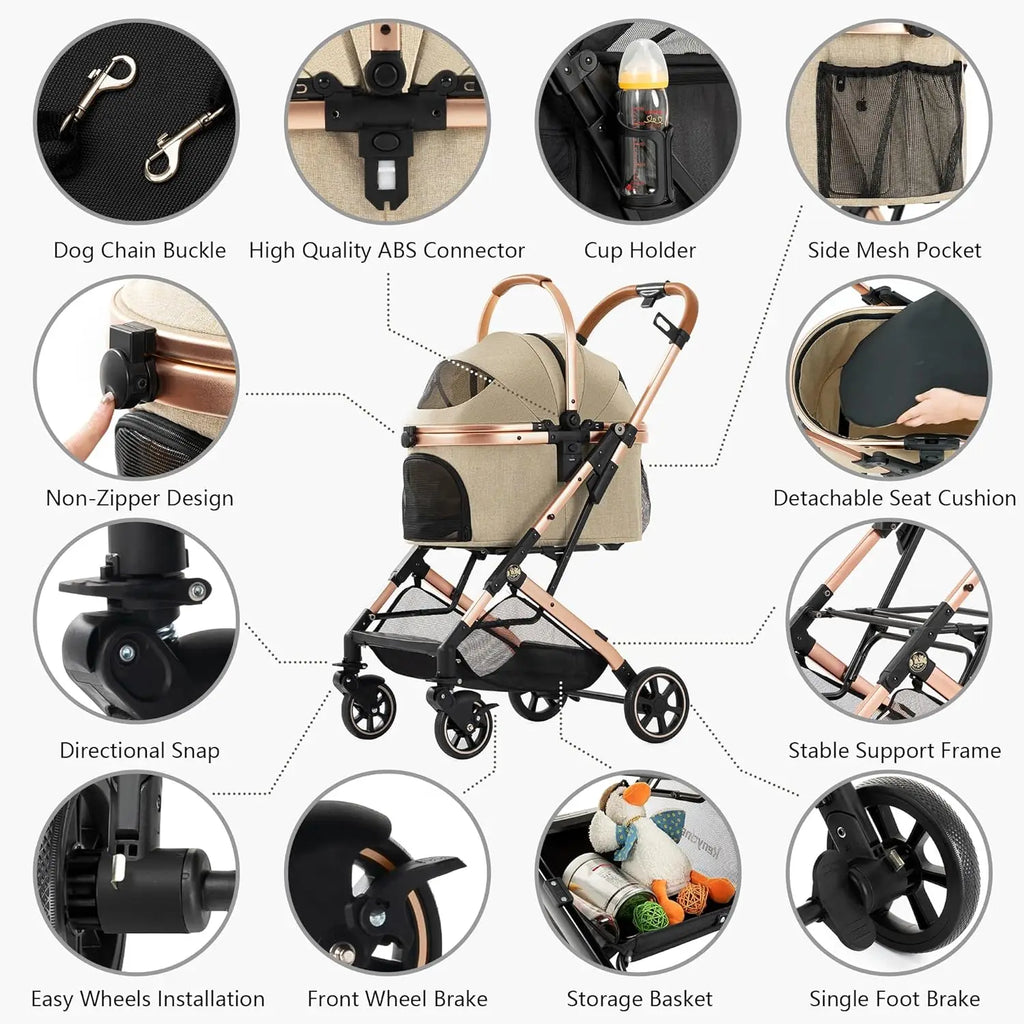 3-in-1 Aluminum Alloy Pet Stroller with Dual No-Zip Entry, Detachable Carrier & Pet Pad — Foldable