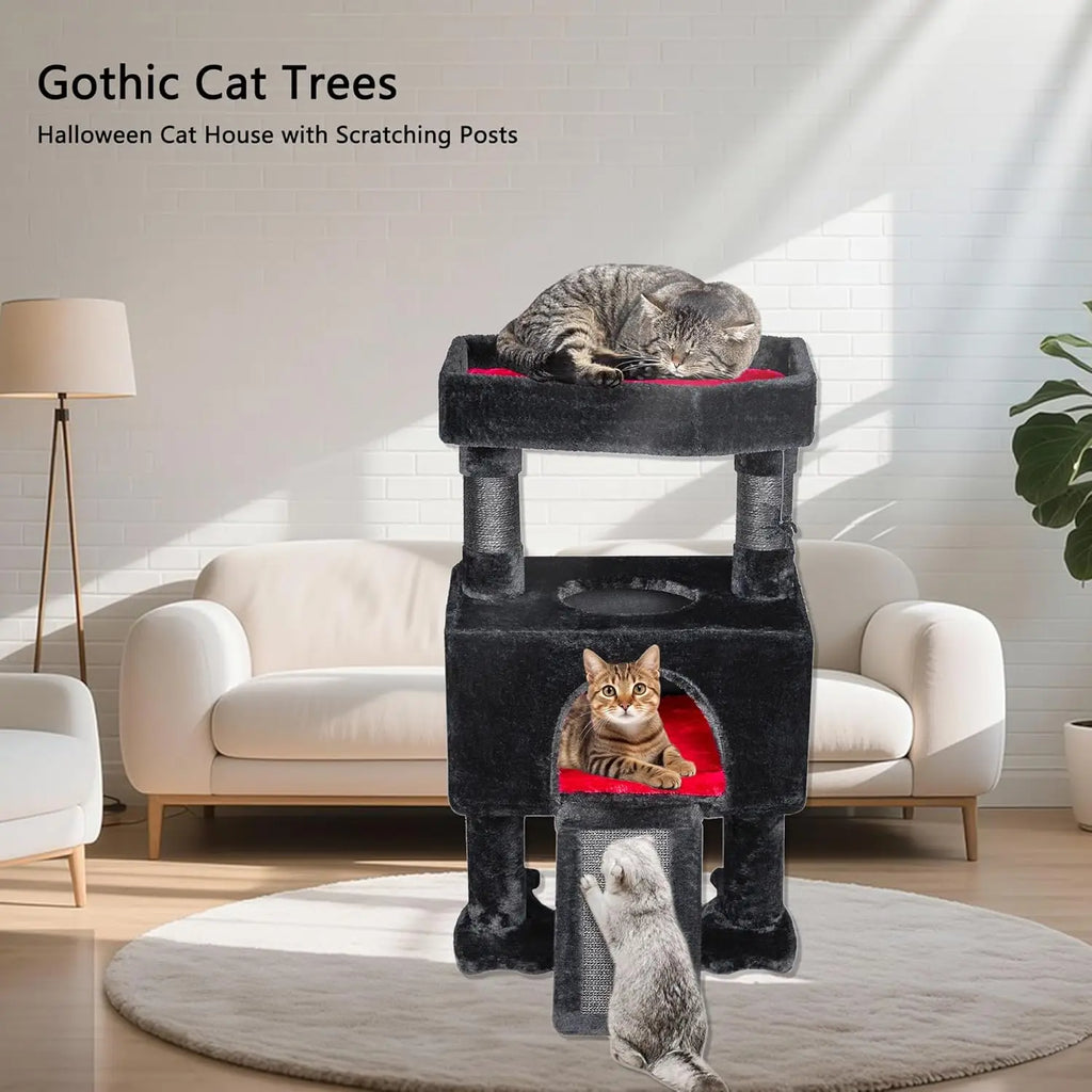 Gothic Cat Tree Tower with Coffin Bed, 33.6in, Black & Red