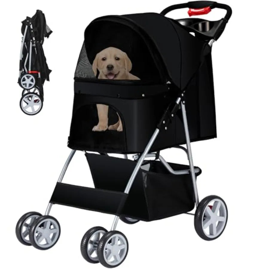4-Wheel Foldable Pet Stroller with Cup Holder & Storage for Small & Medium Dogs & Cats — Jogger Travel Cart