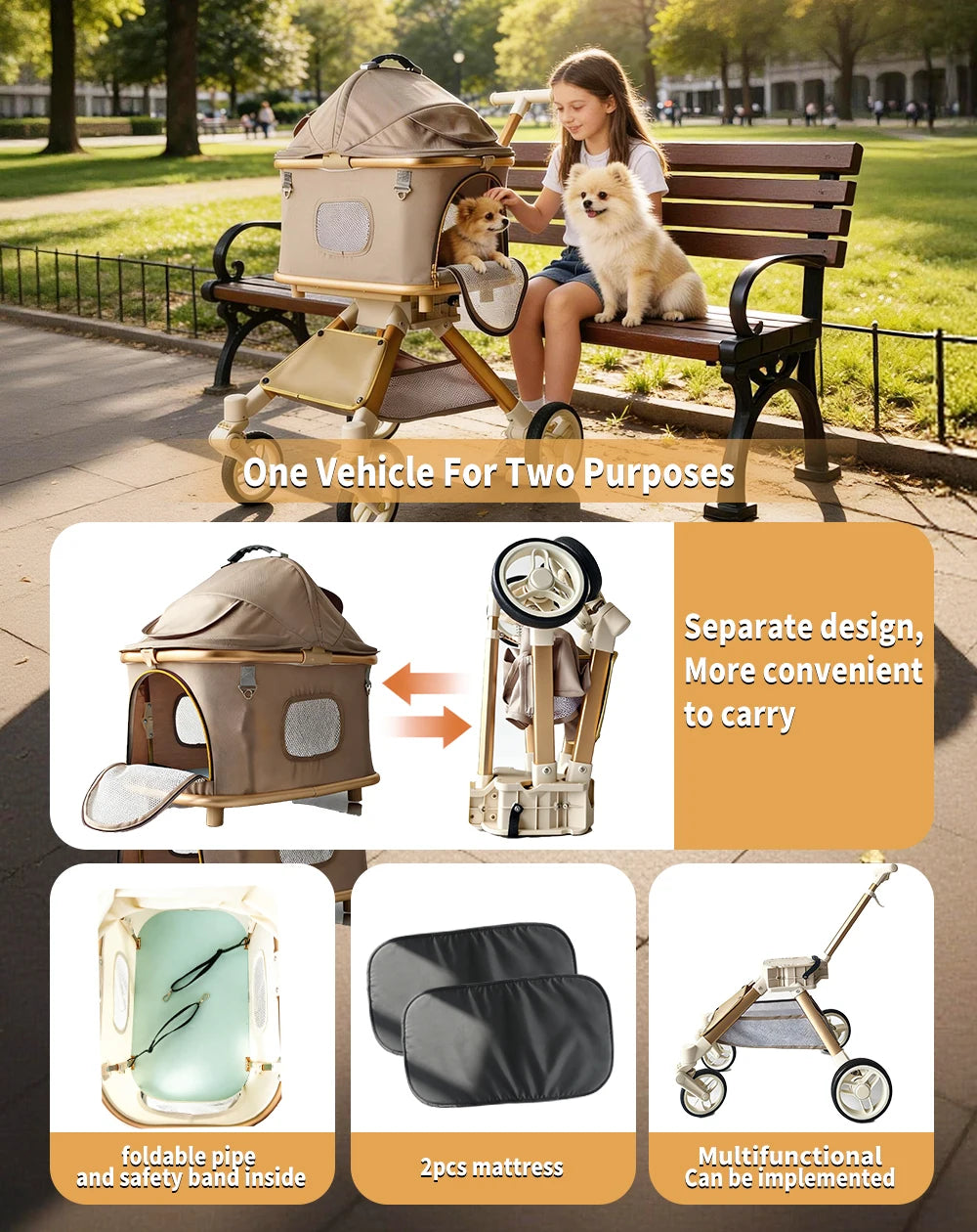 2-in-1 Convertible Pet Stroller with Removable Carrier & One-Click Fold for Medium Dogs & Cats up to 55 lbs