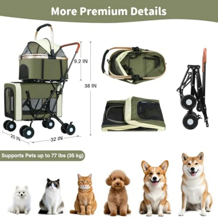 Carriage-Style Double Pet Stroller with Detachable Carriers & 4-Lock System