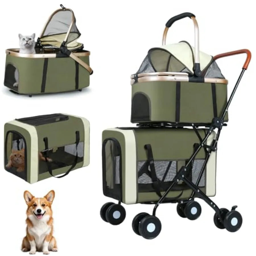 Foldable Double Pet Stroller with Detachable Carriers & 4-Lock System