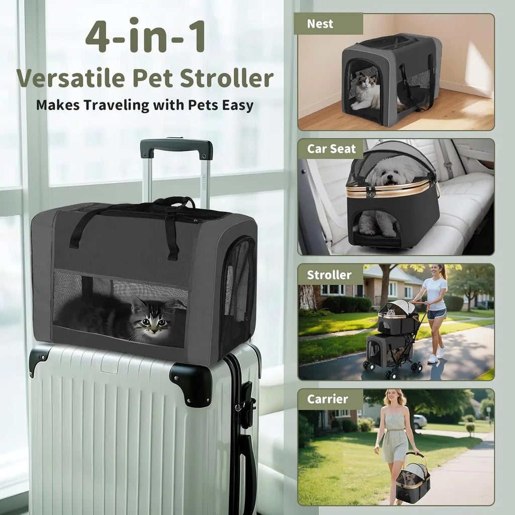 Foldable Multi-Pet Stroller with Detachable Carriers & 4 Lockable Wheels