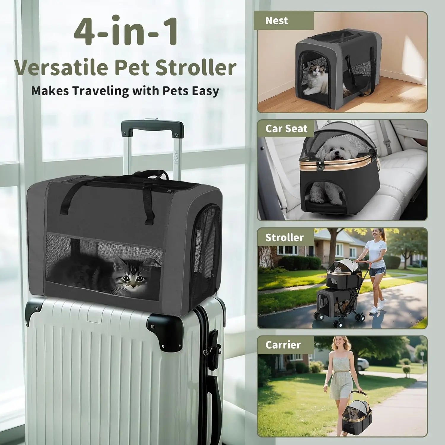 Foldable Multi-Pet Stroller with Detachable Carriers & 4 Lockable Wheels