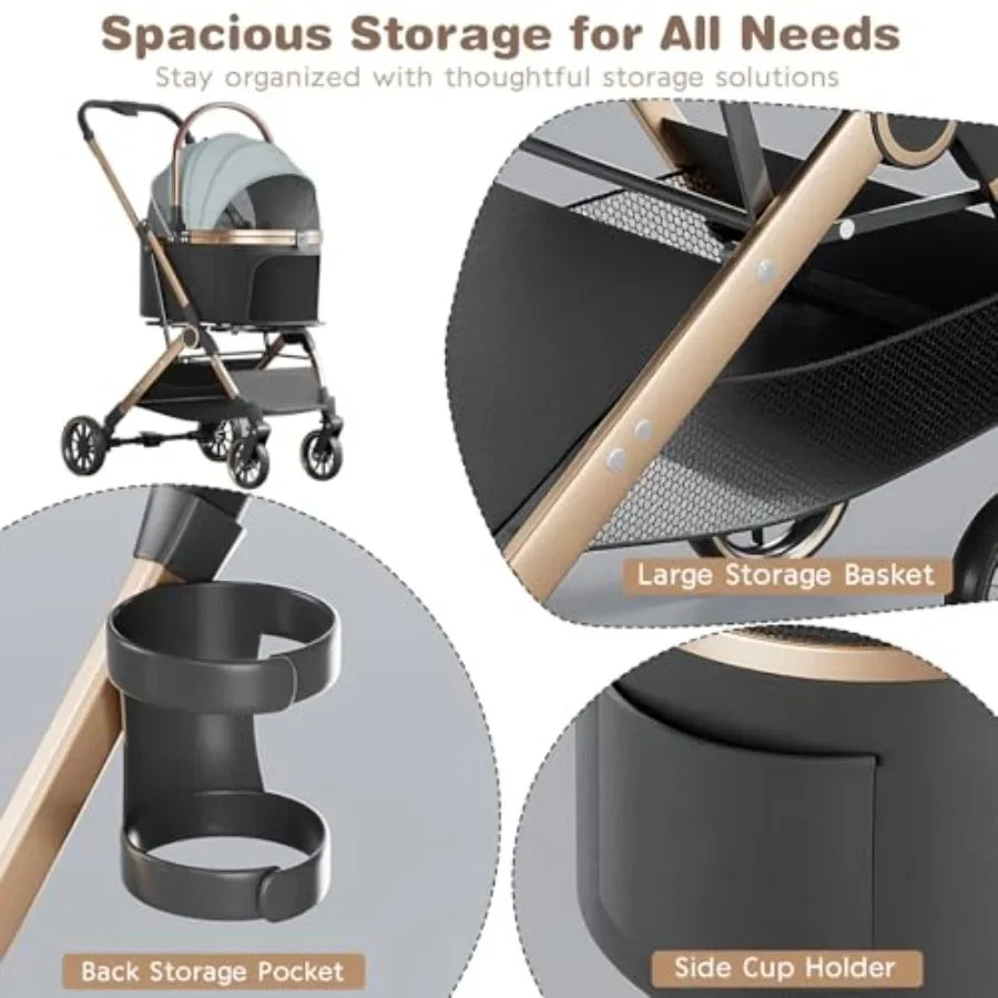 4-Wheel Foldable Pet Stroller with Detachable Carrier for Dogs & Cats — Max 45 lbs