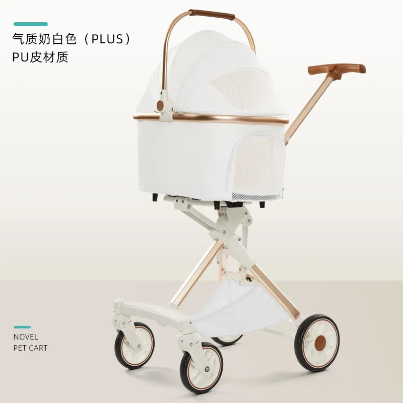 White High-View One-Click Foldable Pet Stroller for Small & Medium Dogs