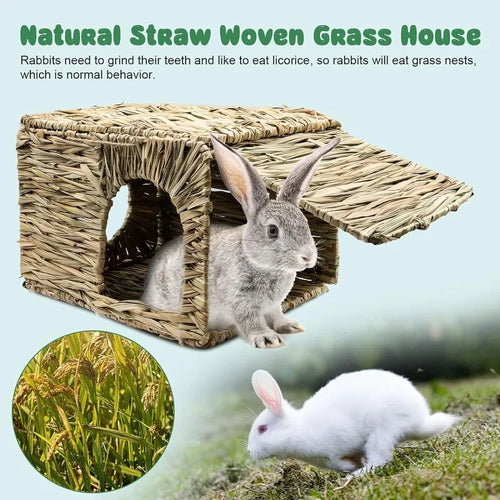 Foldable Woven Grass House — Rabbit & Guinea Pig Hideout with Chew Mat