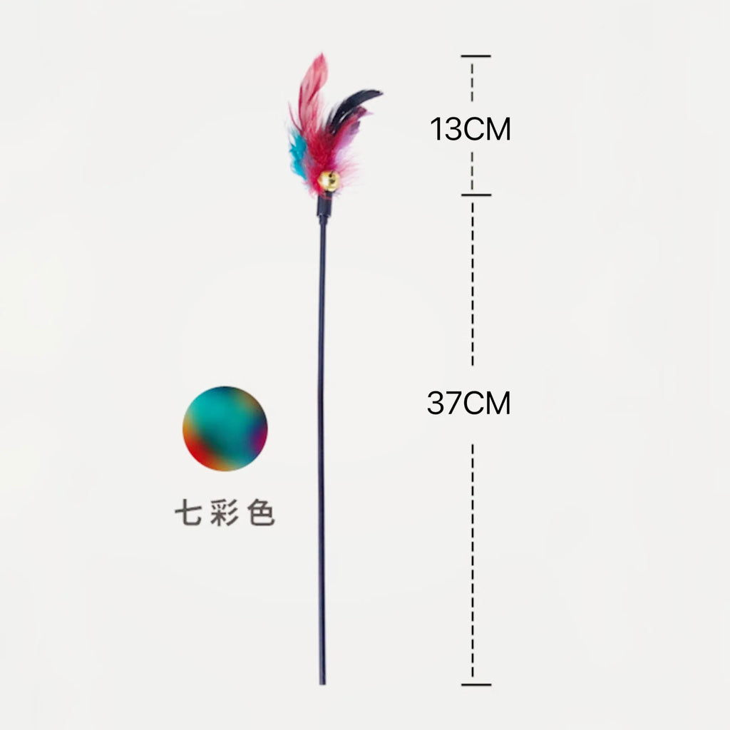 Feather Wand Cat Teaser Rod with Bell & Replacement Feathers — Interactive Kitten Toy Set
