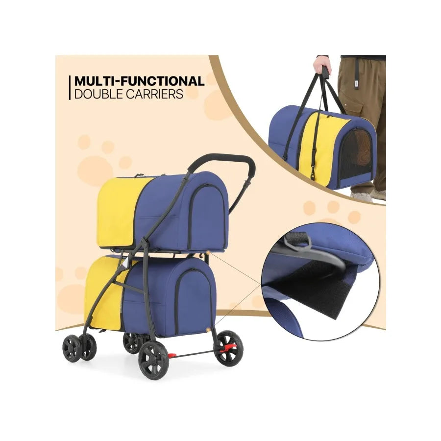 MoNiBloom Double Pet Stroller with Detachable Carrier Bags & Large 4 Wheels for Dogs & Cats