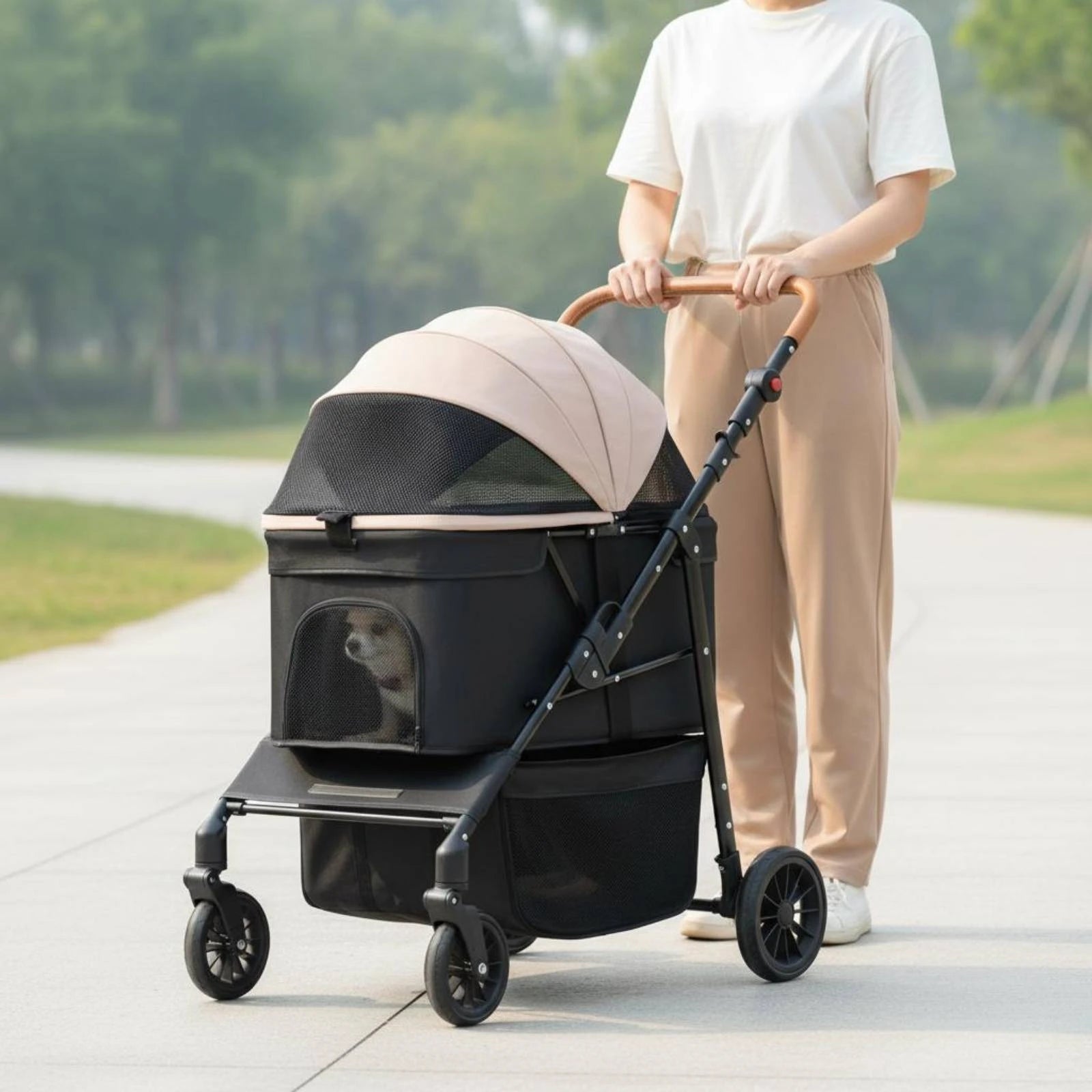 Easy-Clean Large Dog Wagon Stroller with Adjustable Handle & Mesh Windows