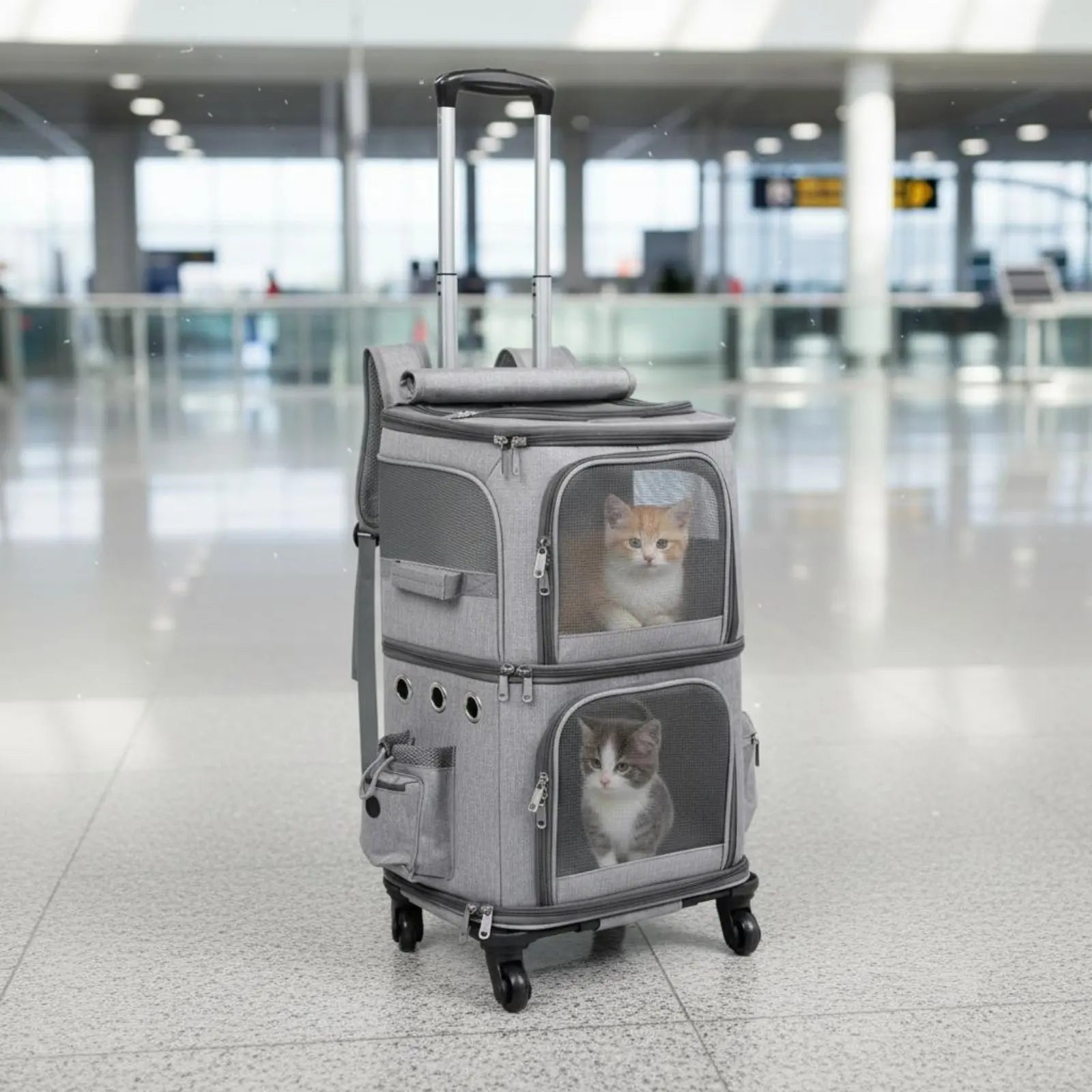 Double-Deck Breathable Pet Trolley Carrier Bag with Telescopic Handle — Portable Travel Bag for Vet Visits