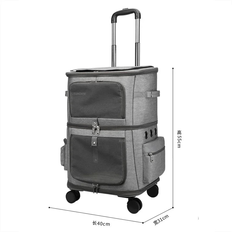 Double-Layer Large-Capacity Breathable Pet Trolley Case for 2 Dogs & Cats — Portable Outdoor Travel Carrier