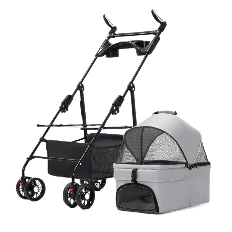 3-in-1 Folding Dog Stroller (4-Wheel, Detachable Carrier)