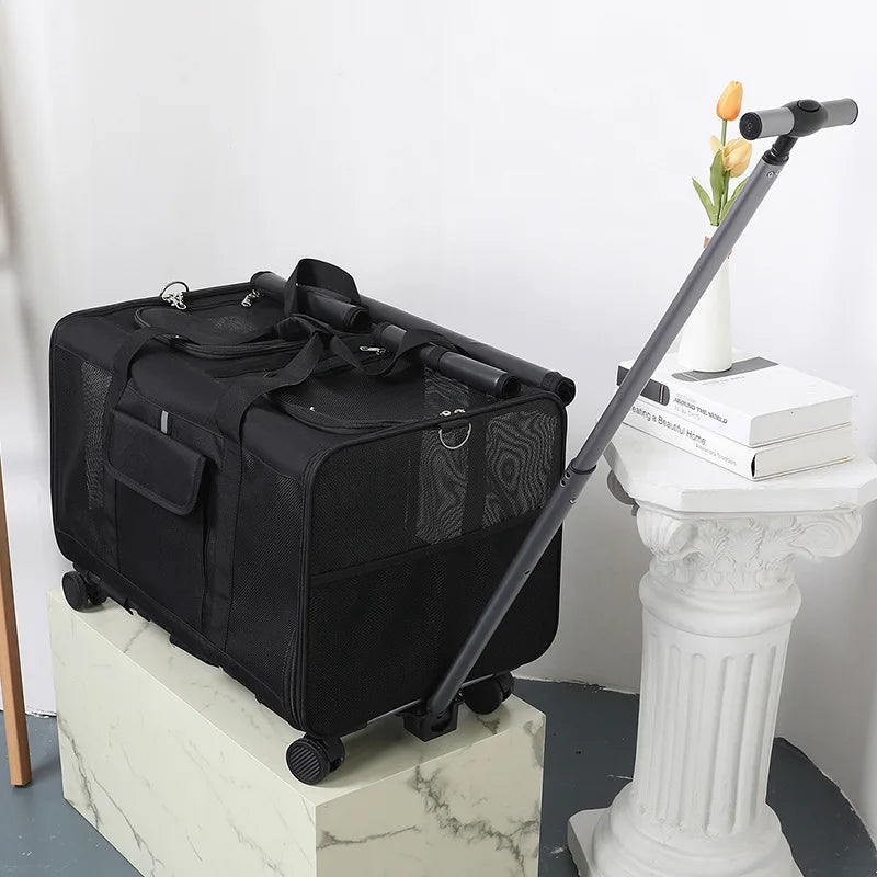 Dual Compartment Multifunctional Pet Stroller with Folding Rolling Cart for Outdoor Travel