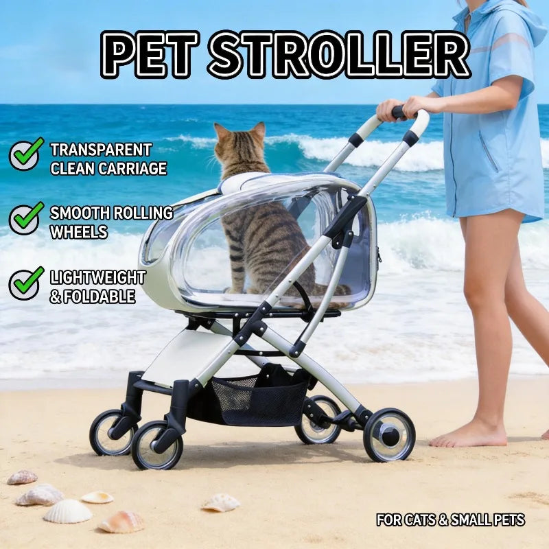 Lightweight Foldable Detachable Transparent Pet Stroller with Outdoor Walking Cart for Small & Medium Dogs