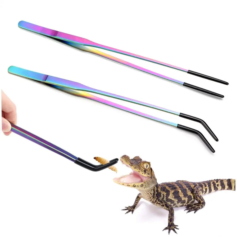 Stainless Steel Reptile Feeding Tongs — Straight & Curved Set, 2-Pack