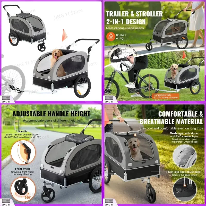 2-in-1 Foldable Pet Stroller & Dog Bike Trailer with Quick-Release Wheels — Bicycle Carrier for Dogs & Cats