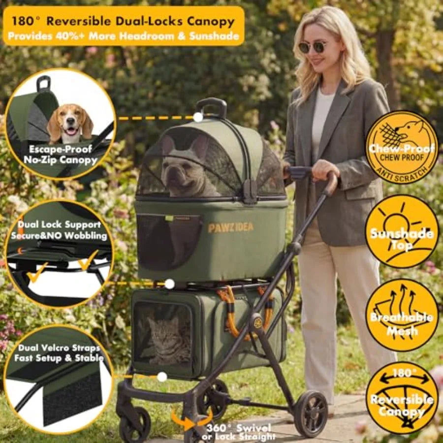 PAWZIDEA TSA-Approved Double Pet Stroller with 2 Detachable Carriers & Car Seat Combo