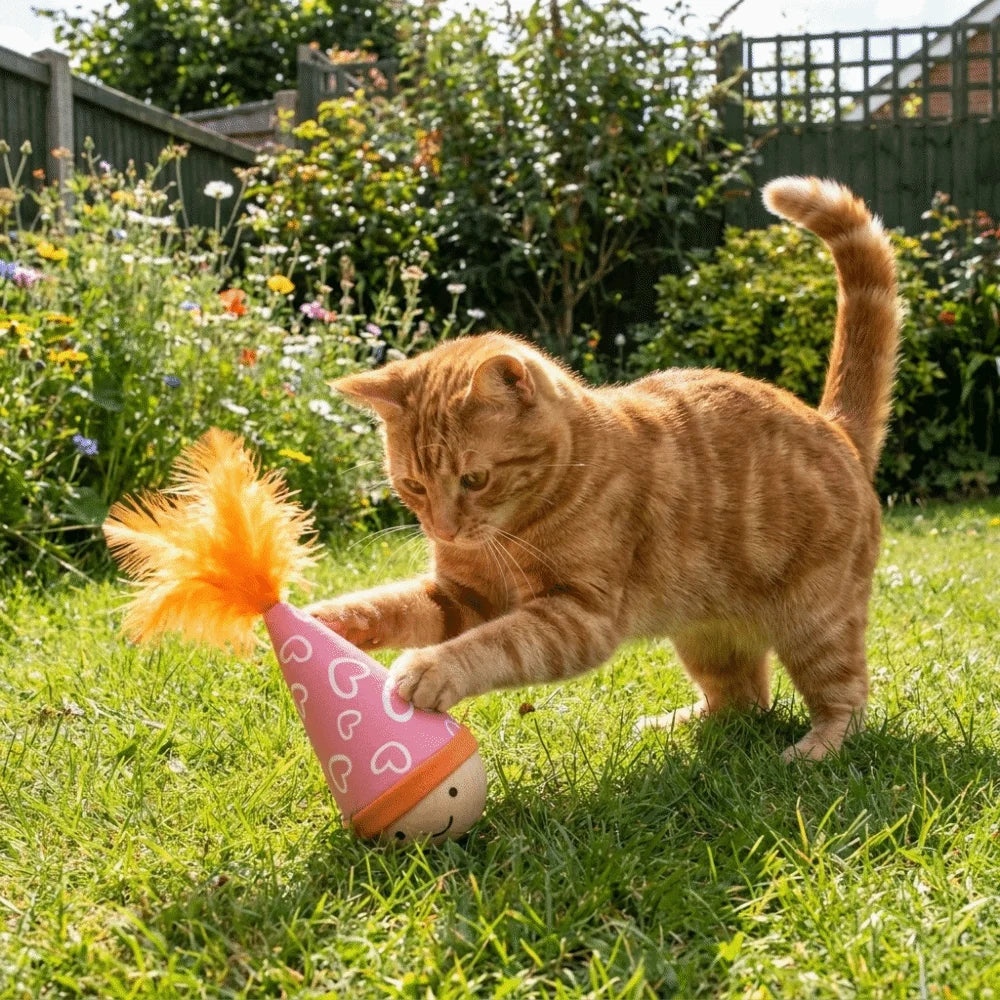 Self-Balancing Turkey Feather Cat Tumbler — Wood Base Interactive Toy